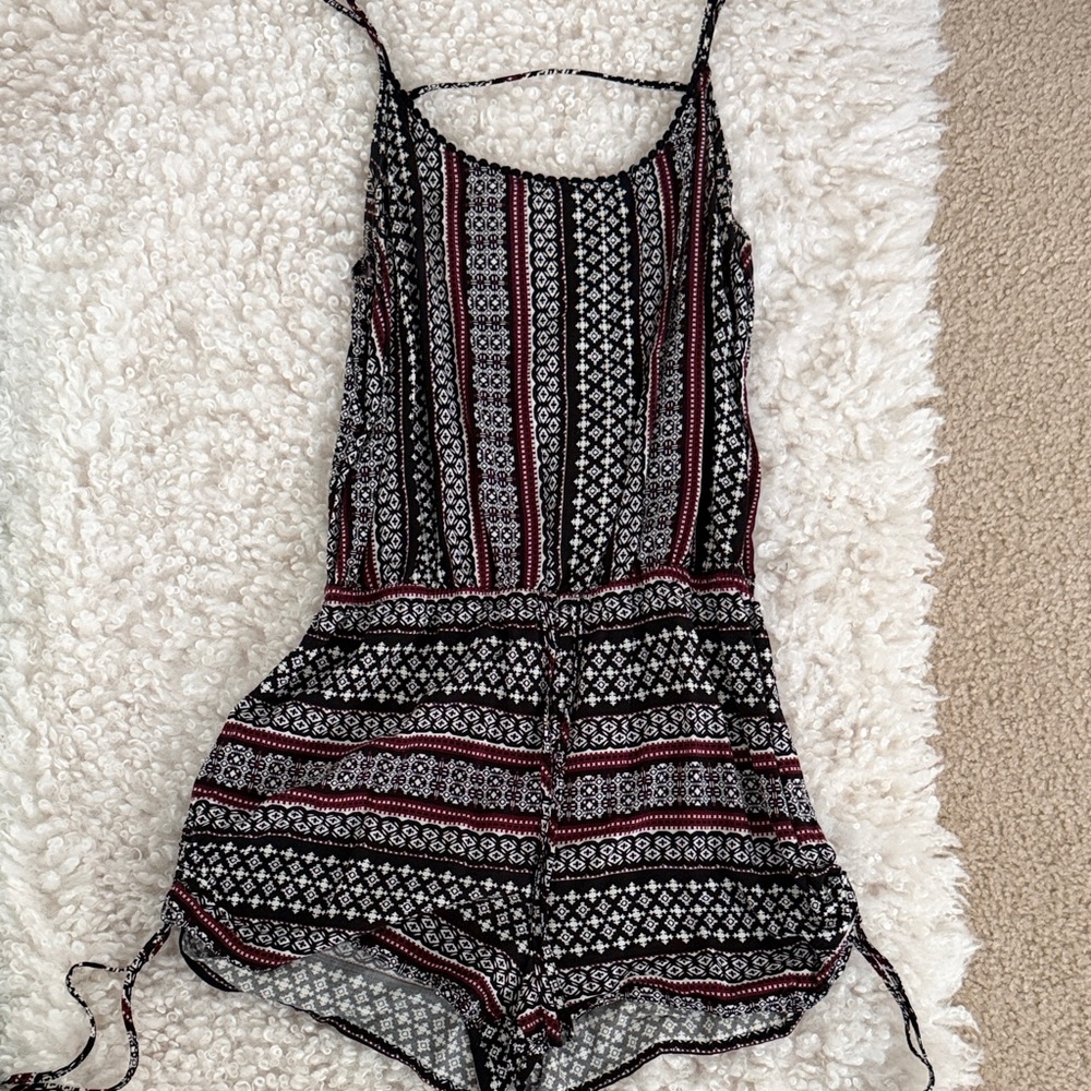 Garage Black, White & Burgundy Patterned Romper